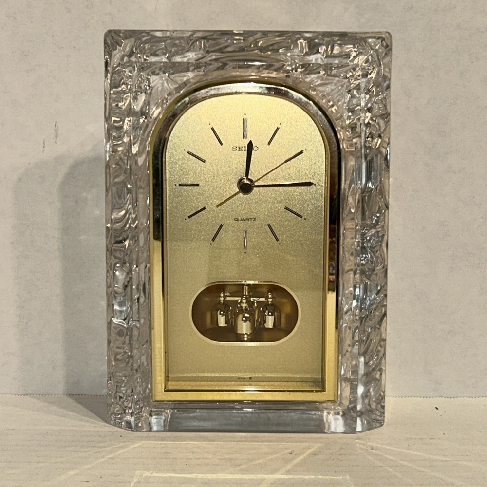 Seiko Glass‎ Gold Quartz Desk Clock Pendulum (Clock Works, Bells Don't)